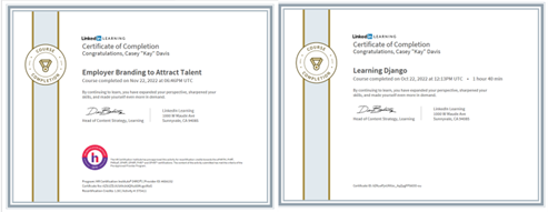 Certificates for various recent trainings